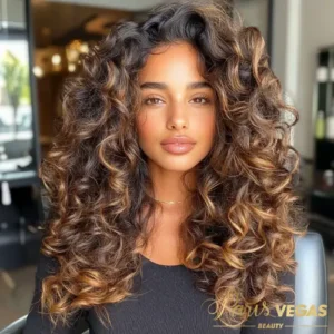 Mulher com cabelo cacheado sendo atendida no Salão Especialista em Cachos Paris Vegas Beauty, Moema.