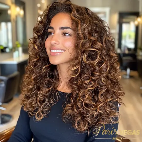 Mulher sorrindo com cabelo cacheado sendo atendida no Salão Especialista em Cachos Paris Vegas Beauty, Moema.