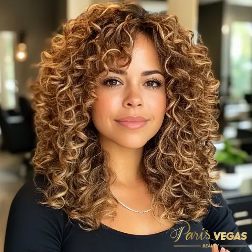 Mulher satisfeita com cabelo cacheado após atendimento no Salão Especialista em Cachos Paris Vegas Beauty, Moema.