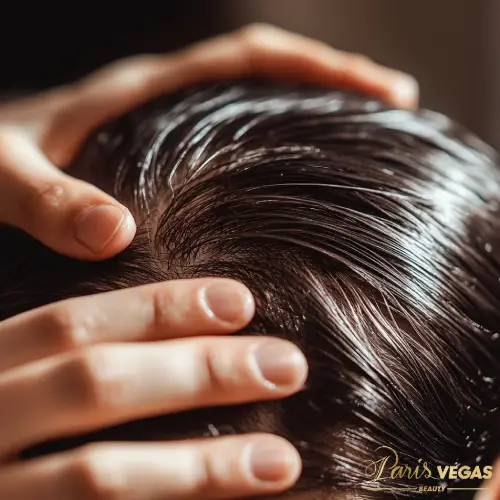 Exame tricoscopia para queda de cabelo em Moema, com aplicação de produto especializado.