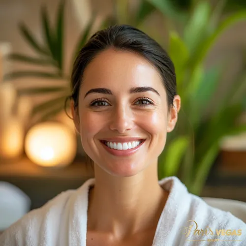 Mulher sorridente após sessão de drenagem linfática pós-cirúrgica em salão de beleza.