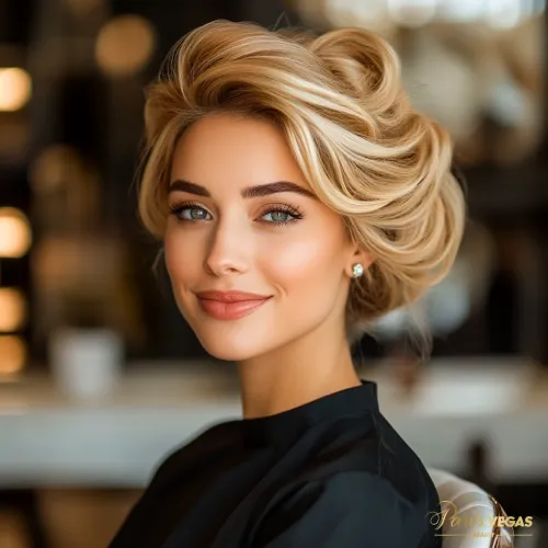 Mulher sorrindo em cabeleireiro em Moema, São Paulo, com penteado lindo.