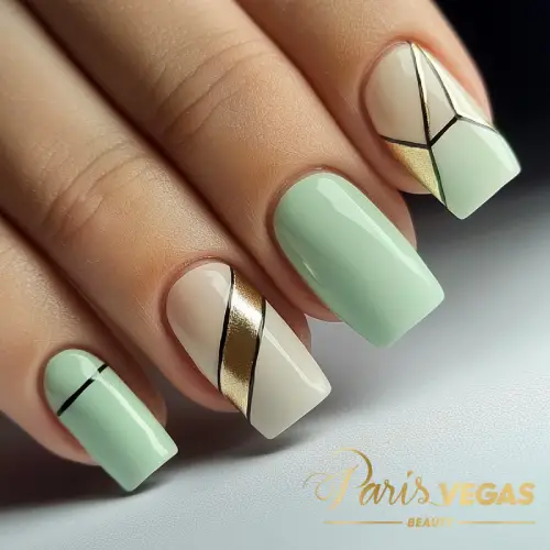 Unha de gel verde com design geométrico, feita por nail designer em São Paulo.