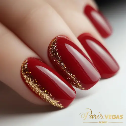 Esmalte vermelho com glitter dourado, feito em Moema, elegante e brilhante.