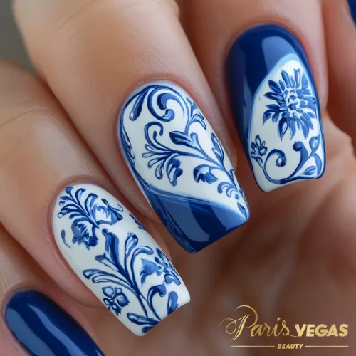 Unhas decorada azul com design floral, oferecendo um visual delicado e sofisticado, perfeito para quem deseja uma manicure elegante em São Paulo.