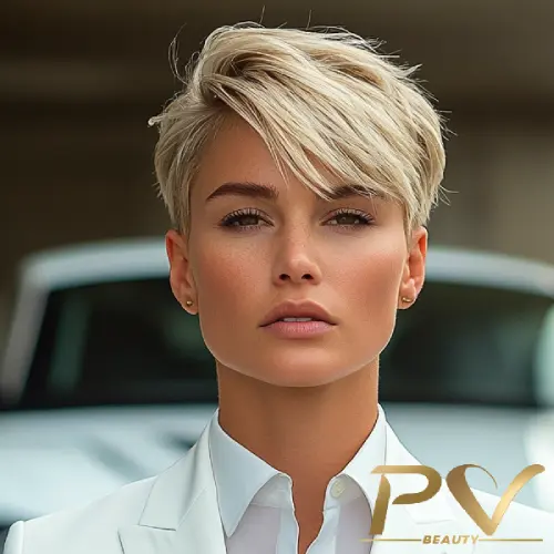 Corte curto loiro por cabeleireiro visagista SP – dica PV Beauty.