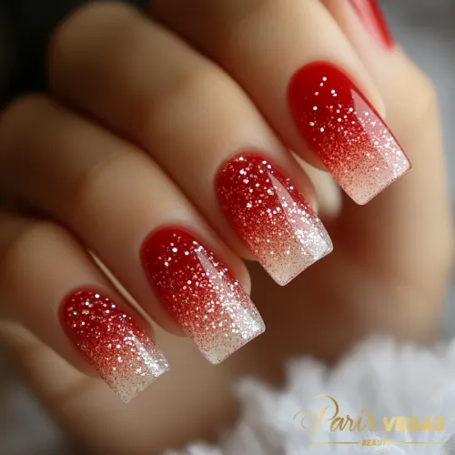 Decorações em unhas vermelhas com efeito ombré e glitter, design elegante e moderno.