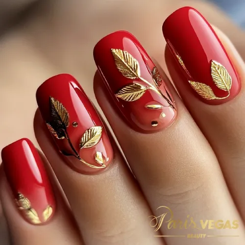 Decorações em Unhas Vermelhas com Folhas Douradas - Nail Art Elegante e Sofisticada