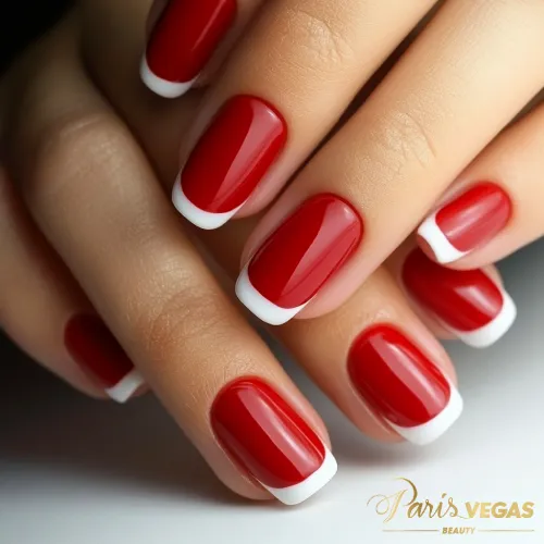 Decorações em unhas vermelhas com francesinha, design clássico e sofisticado.