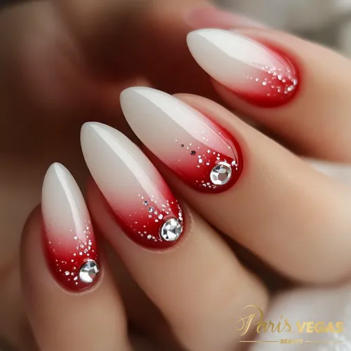 Decorações em Unhas Vermelhas com Ombré, Strass e Brilho - Nail Art Elegante