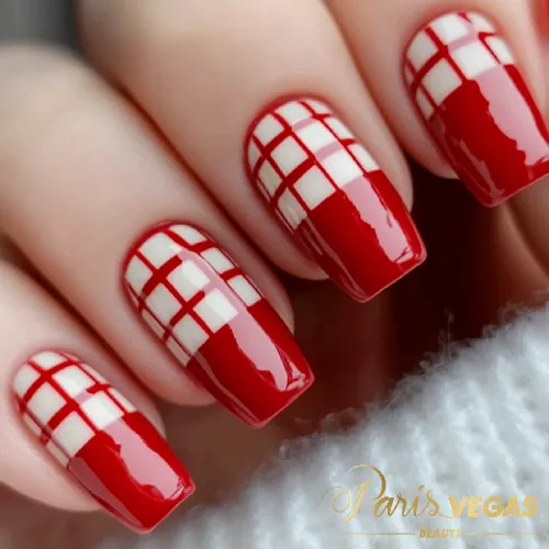 Decorações em Unhas Vermelhas com Estilo Quadriculado Branco - Nail Art Moderna