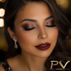 Mulher com maquiagem profissional impecável, realçando traços naturais.