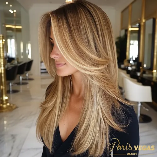 Mulher com cabelo liso solto, resultado de mega hair perto de mim em São Paulo, na Paris Vegas Beauty.