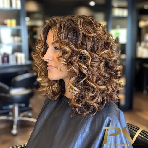 Cabelos cacheados iluminados com brilho e movimento natural.