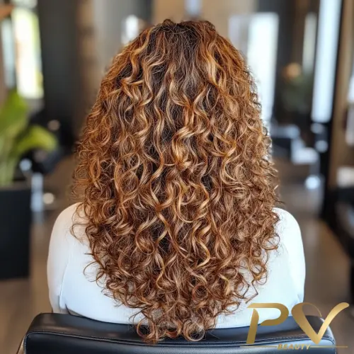 Morena iluminada com cabelo cacheado e toque de brilho natural.