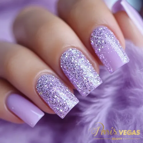 Roxo unhas com glitter, manicure brilhante e sofisticada em Moema, Paris e Vegas Beauty.