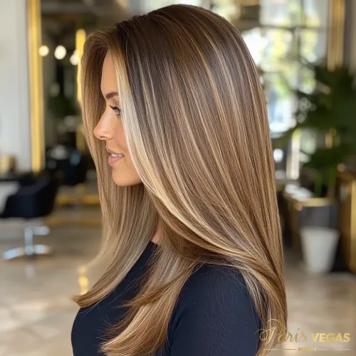 Mulher com cabelo morena iluminada após transformação em cabeleireiro em Moema.