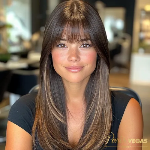 Mulher com cabelo castanho e franja, após corte moderno em salão de cabelo perto de mim, São Paulo.