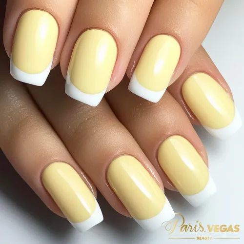 Unhas amarelas com francesinha feitas por manicure perto de você, oferecendo um estilo clássico e elegante