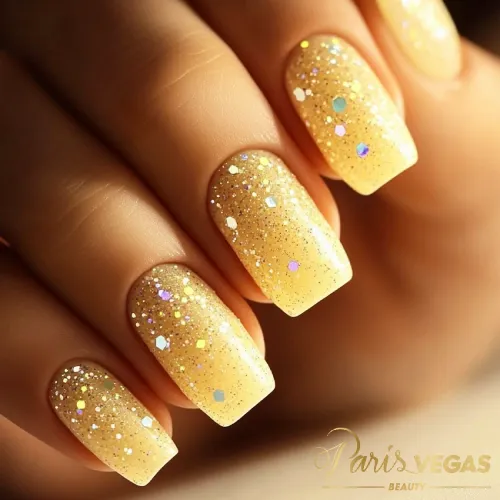 Unhas amarelas com glitter, feitas no salão de beleza Paris Vegas Beauty em Moema, São Paulo. Um design vibrante e moderno, perfeito para quem busca um toque de brilho e sofisticação nas unhas.