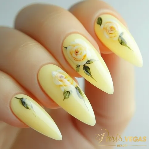 Esmaltação com detalhes florais feitas no salão de cabeleireiro Paris Vegas Beauty, em Moema, trazendo um visual alegre e sofisticado.