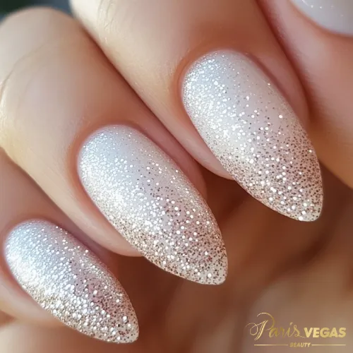 Unhas decoradas branco com glitter, criando um efeito elegante e sofisticado.