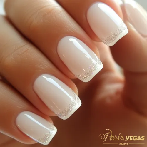 Unhas decoradas branco com francesinha e brilho, criadas por manicure em São Paulo, oferecendo um visual elegante e sofisticado.