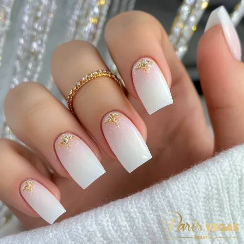 Unhas decoradas branco em ombrê com glitter dourado, feitas na manicure São Paulo