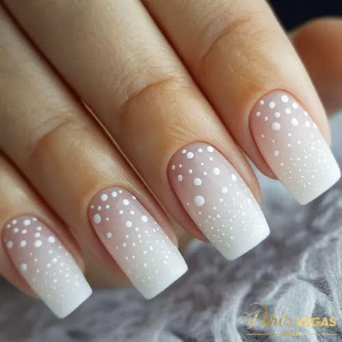 Unhas decoradas branco com estampa de poá, criando um visual divertido e sofisticado.