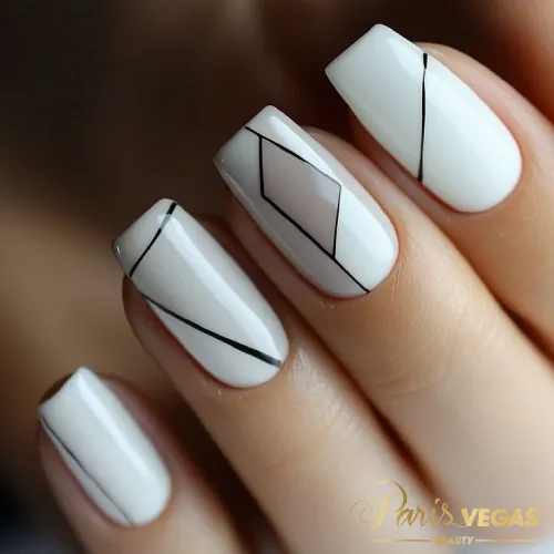 Unhas decoradas branco com formas geométricas, criando um visual moderno e criativo.