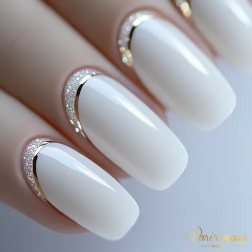 Unhas decoradas branco com glitter furtacor, criando um visual brilhante e encantador.