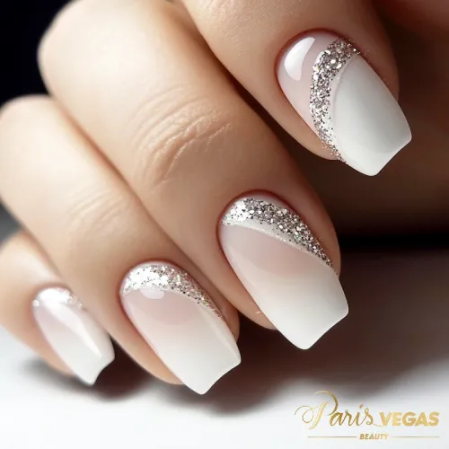 Unhas decoradas branco com detalhes em brilho, criadas no salão de cabeleireiro em Moema, oferecendo um visual elegante e radiante.