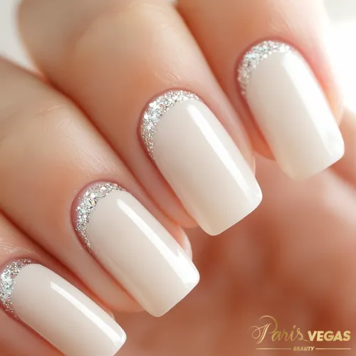 Unhas decoradas branco com glitter delicado em volta da cutícula, criando um visual elegante e brilhante.