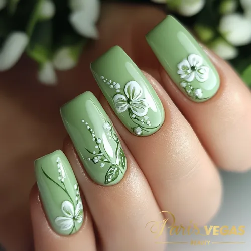 Unhas em verde com desenho floral, estilo delicado e vibrante.