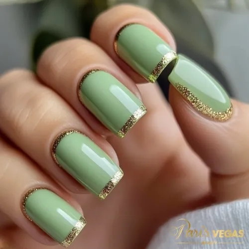 Unhas em verde quadradas com glitter, estilo moderno e brilhante.