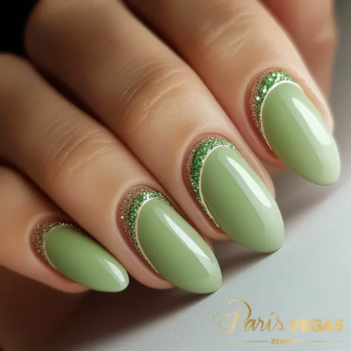 Unhas em verde com glitter, design brilhante e sofisticado.