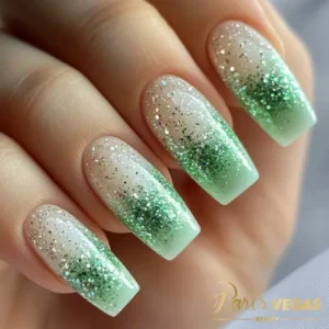 Unhas em verde ombré com glitter, efeito elegante e moderno.