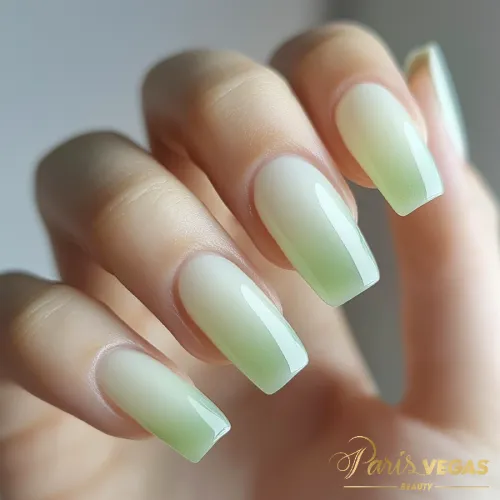 Unhas em verde com ombré branco, design elegante e suave.