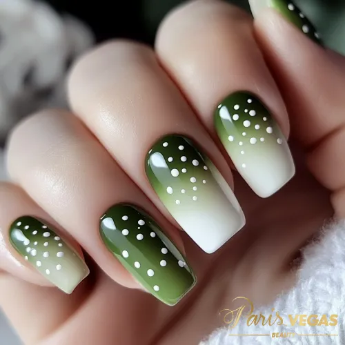 Unhas em verde com estampa poá, design delicado e moderno.