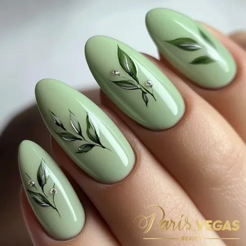 Unhas em verde com delicadas folhagens, design suave e elegante.