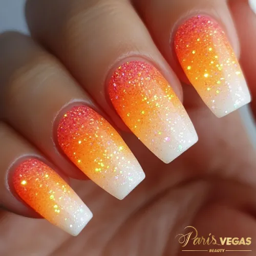 Unhas laranja com efeito neon ombré e glitter, destacando um design vibrante e moderno.