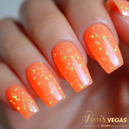 Unhas laranja com efeito neon e glitter, destacando um design vibrante e glamouroso.