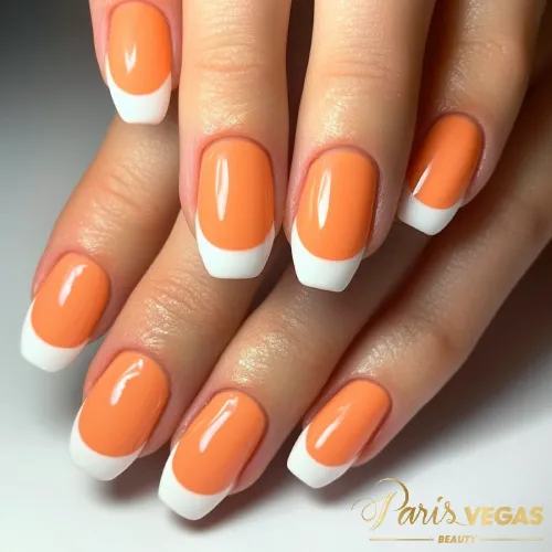 Unhas laranja com design de francesinha, destacando um estilo clássico e elegante.