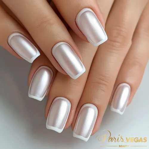 Unhas prata com acabamento fosco e contorno branco, criando um design sofisticado e elegante, feito por designer de unhas em São Paulo.