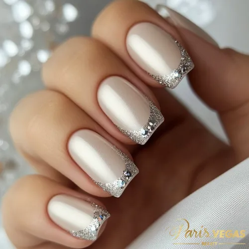 Unhas prata com glitter, design brilhante e sofisticado, perfeito para quem deseja um toque de glamour e modernidade.