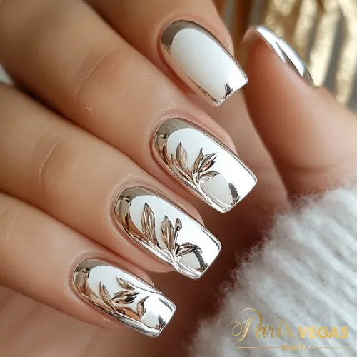 Unhas prata cromadas com decoração floral e ramos, design elegante e delicado, perfeito para quem busca sofisticação e estilo único.