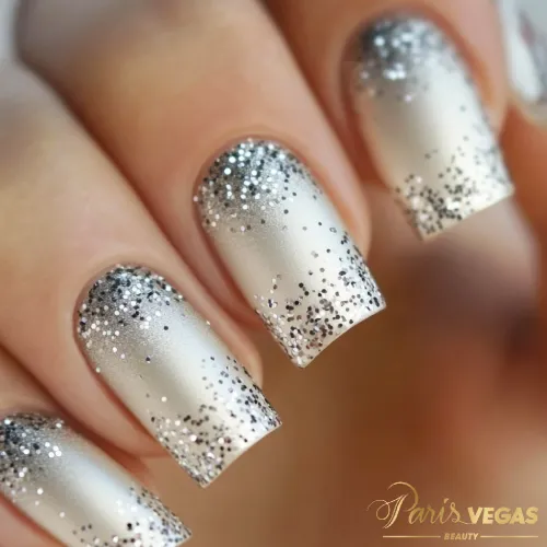 Unhas prata decoradas com glitter brilhante, design sofisticado e luminoso, criado no salão Paris Vegas Beauty em Moema.