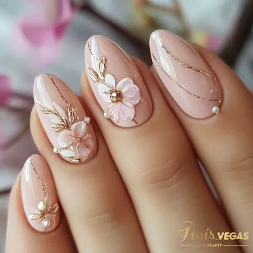 Decoração com flores delicadas e brilho ouro, feita por nail designer em São Paulo