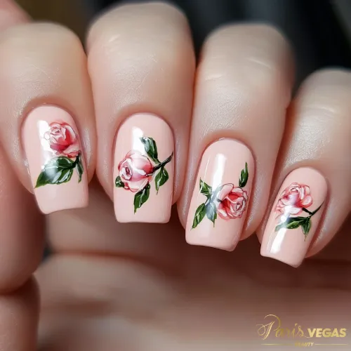 Unhas rosê com rosas design sofisticado, feitas por nail designer em São Paulo