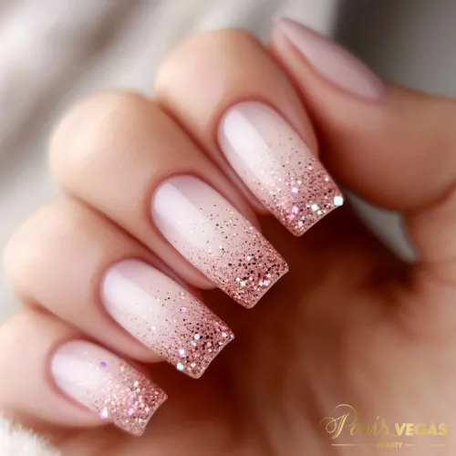 Unhas rosê elegantes com glitter, feitas no Paris Vegas Beauty em Moema